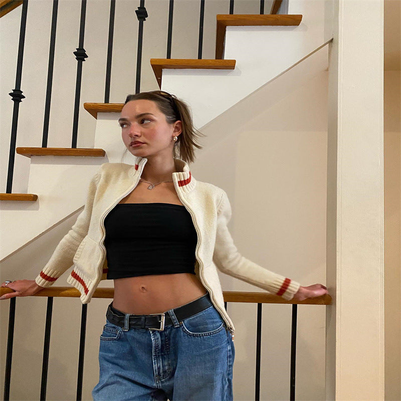 Suéter de punto de color contrastante de estilo deportivo de moda para mujer