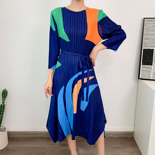 Large Size Loose Slimming Pleated Printed Half Sleeve Lace-up Dress