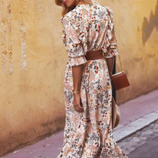 Vestido con escote en V y estampado floral de manga larga en color beige