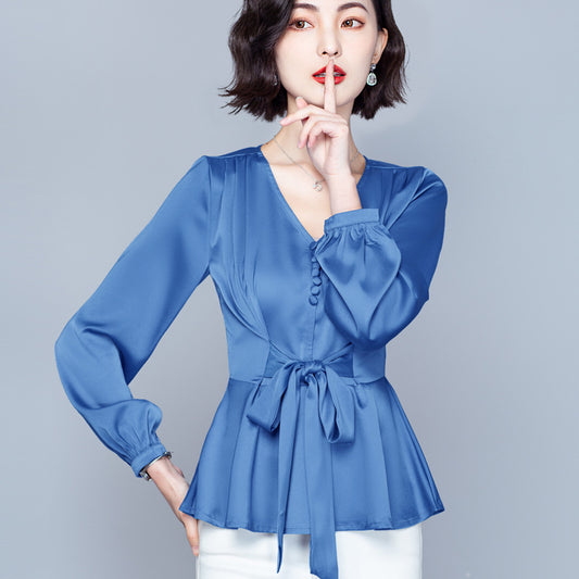 Blusa de manga larga con lazo para mujer, de moda, de otoño, en tallas grandes