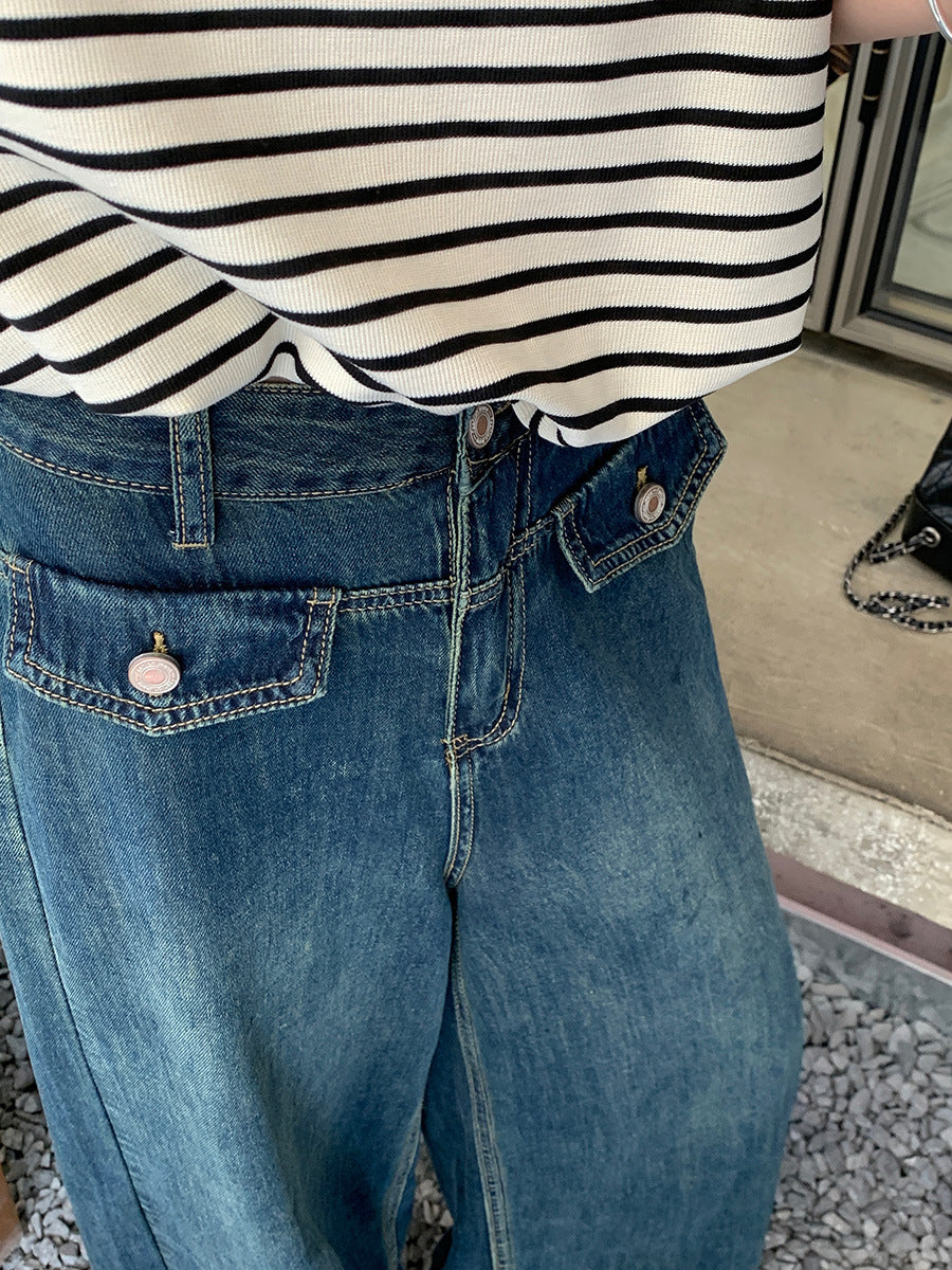 Pantalones vaqueros retro con bolsillos falsos y cintura alta para mujer