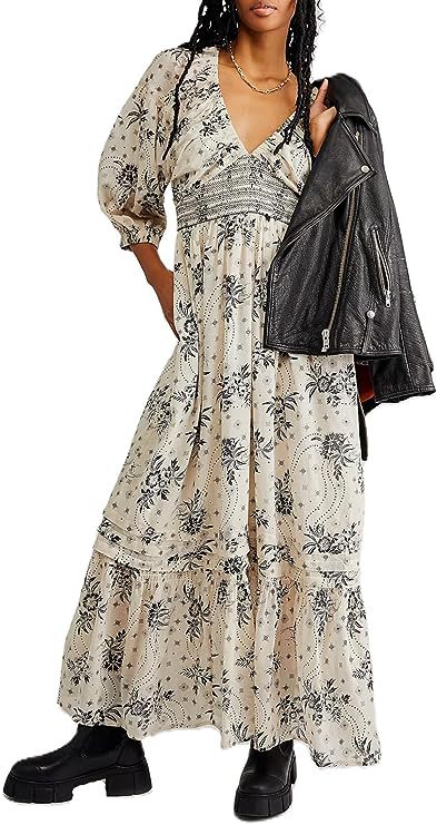 Vestido largo con cuello en V, estampado y mangas abullonadas
