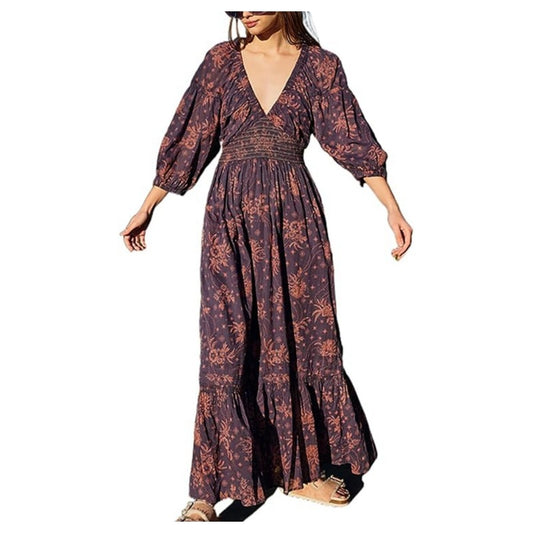 Vestido largo con cuello en V, estampado y mangas abullonadas