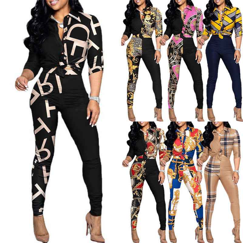 Cross Border Leisure Suit Color Matching Printed Long-sleeved Lapel Shirt Casual Pants Two-piece Set