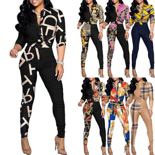 Cross Border Leisure Suit Color Matching Printed Long-sleeved Lapel Shirt Casual Pants Two-piece Set