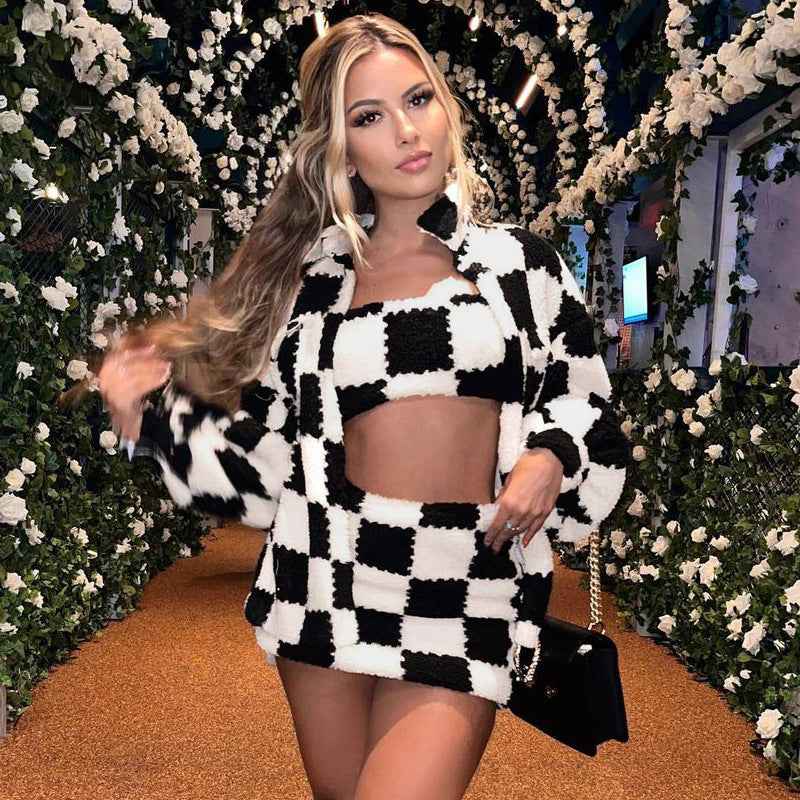 Women's Black And White Plaid Outfit Set