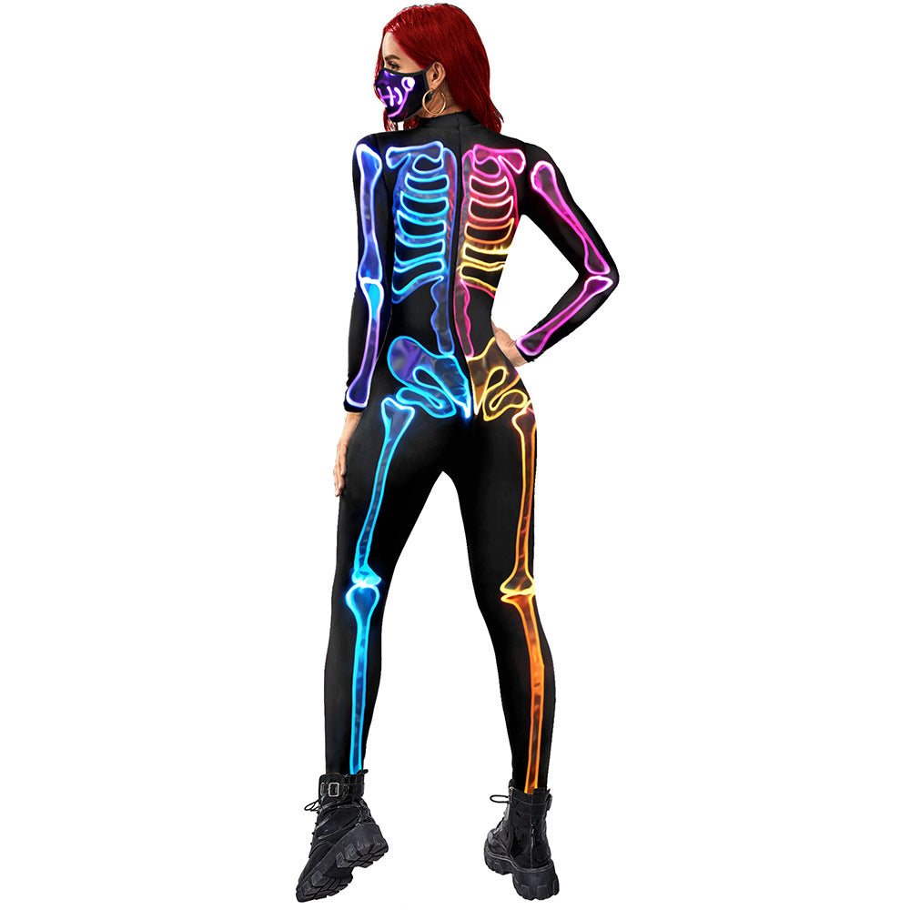 Colorful Halloween Skeleton Long Sleeve Women's Bodysuit