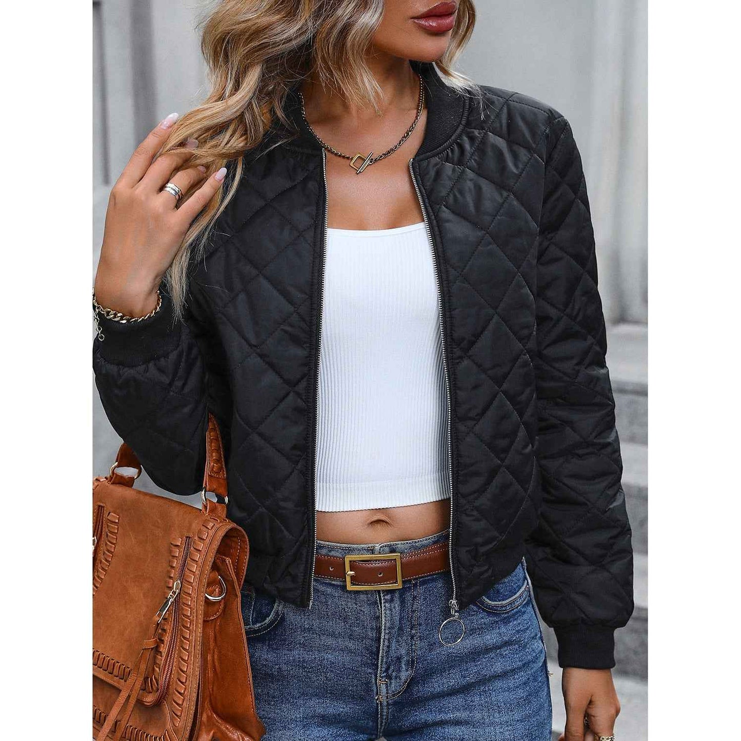 Autumn European And American Stand Collar Plaid Slim Fit Baseball Cotton-padded Jacket