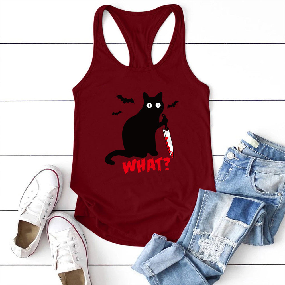 Camisa estampada con gato gótico, cuchillo y murciélago