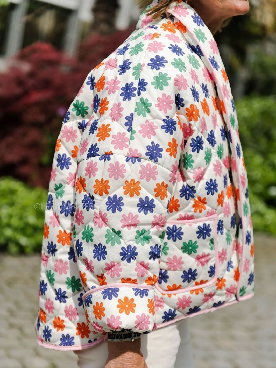 Chaqueta acolchada de algodón informal con solapa estampada y contraste de color para mujer