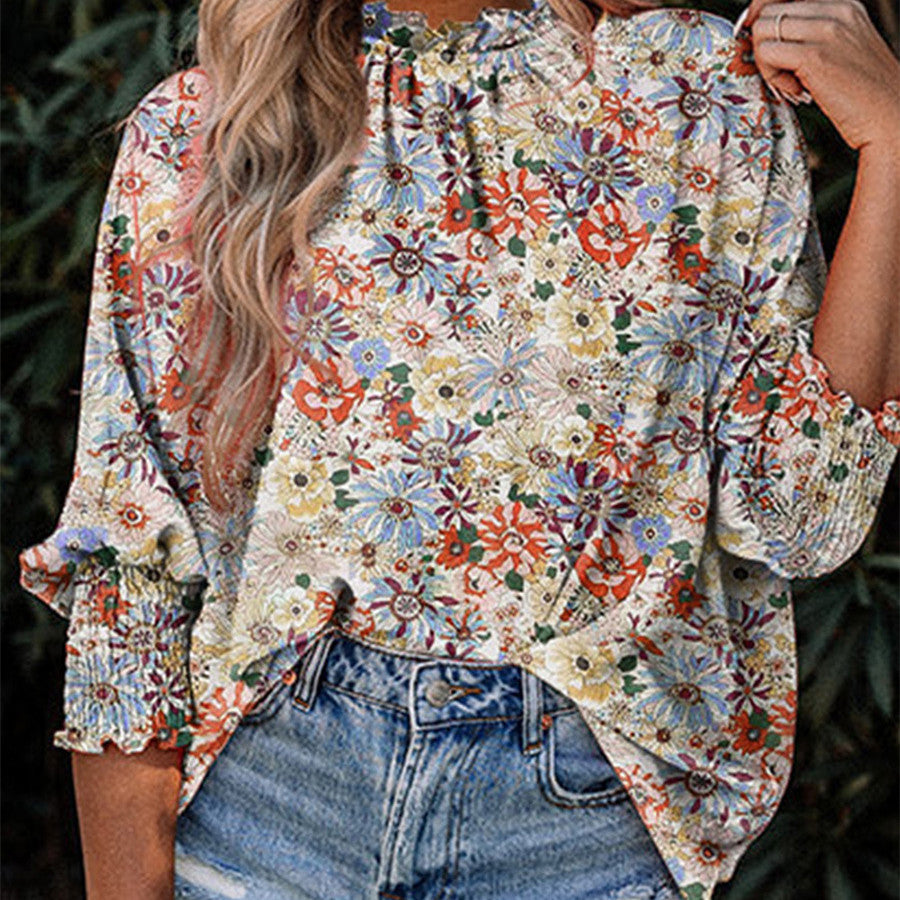 Camisa de gasa de manga larga con estampado de estilo dulce para mujer de otoño