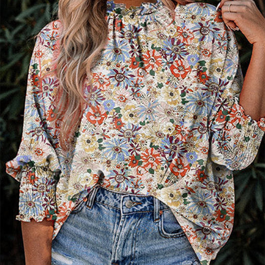 Camisa de gasa de manga larga con estampado de estilo dulce para mujer de otoño