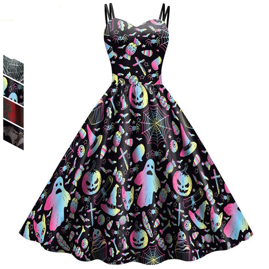 Vestido con estampado digital de telaraña y calaveras Wansheng para mujer