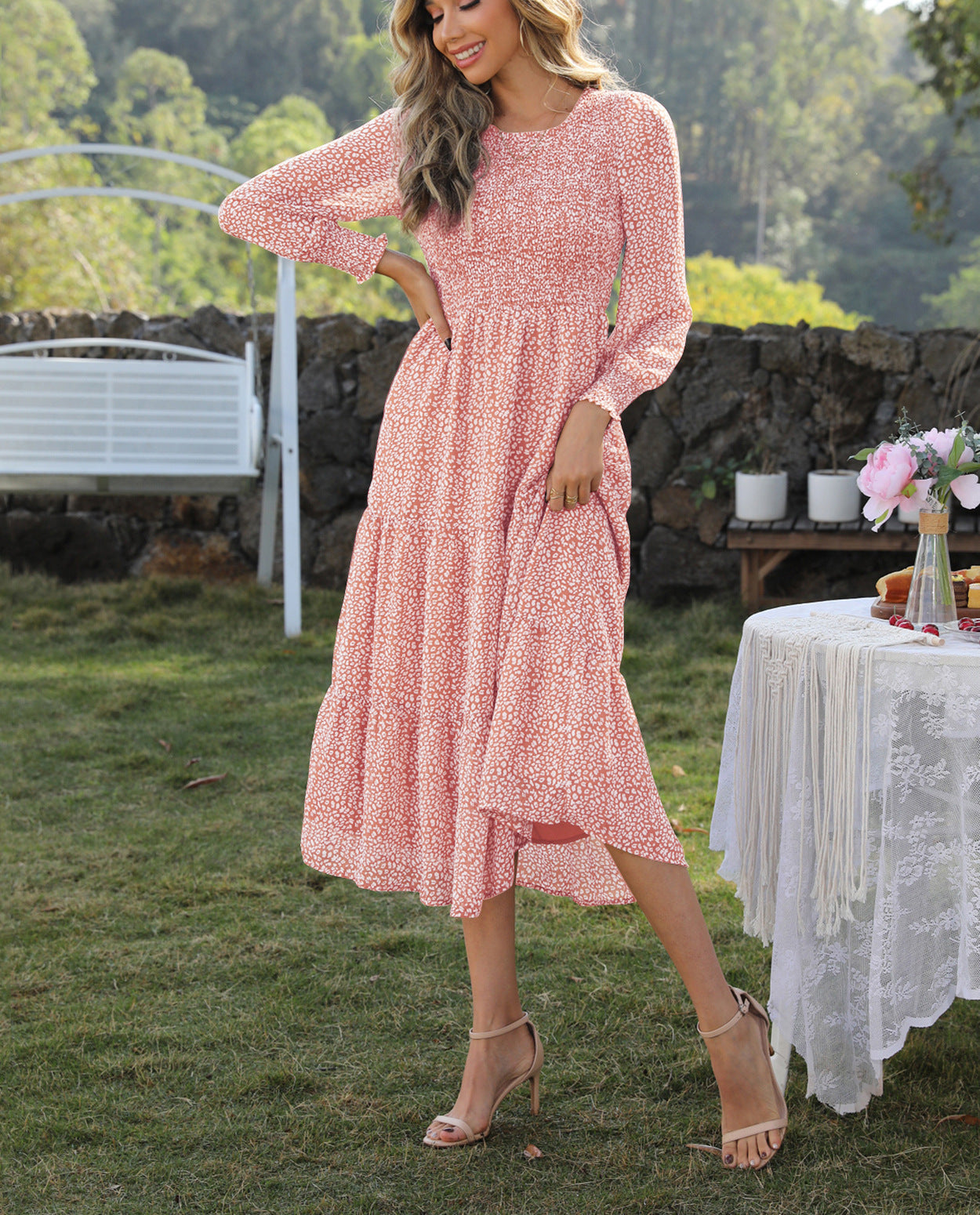 Vestido largo de vacaciones con cintura alta y corte A para mujer