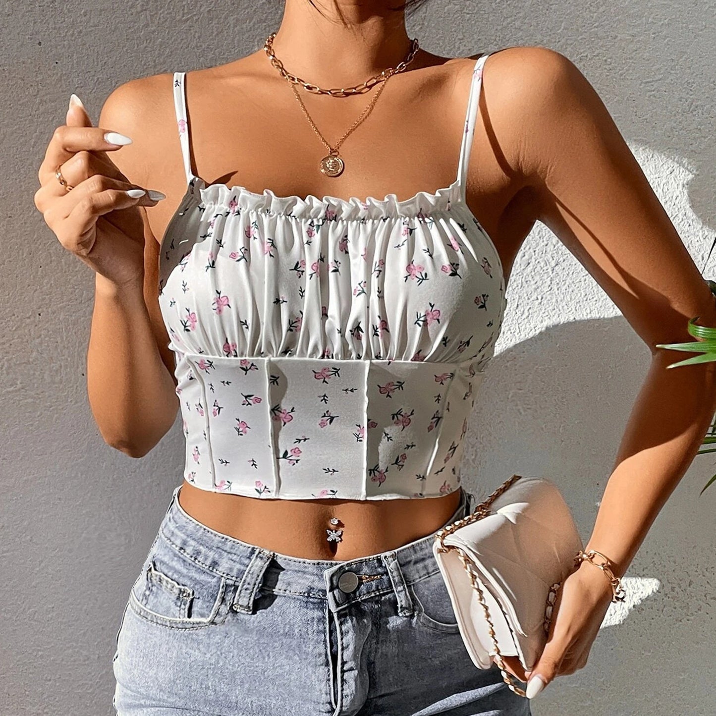 Women's Printed Ruffled Spaghetti Straps Shirt