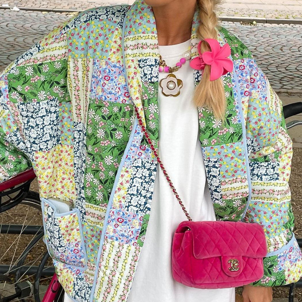 Chaqueta acolchada de algodón informal con solapa estampada y contraste de color para mujer