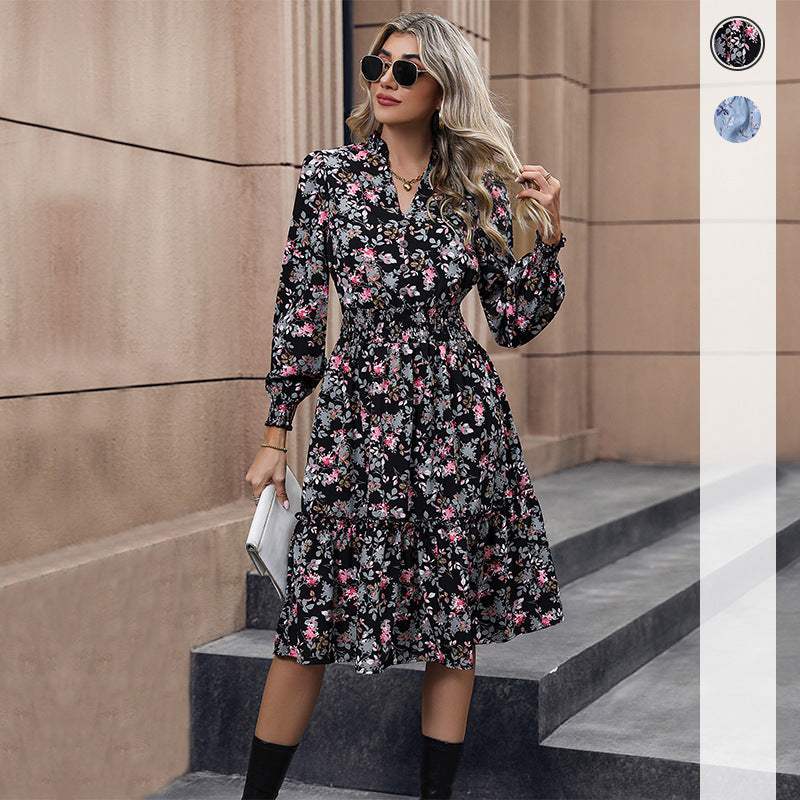 Vestido casual de manga larga con estampado floral para mujer