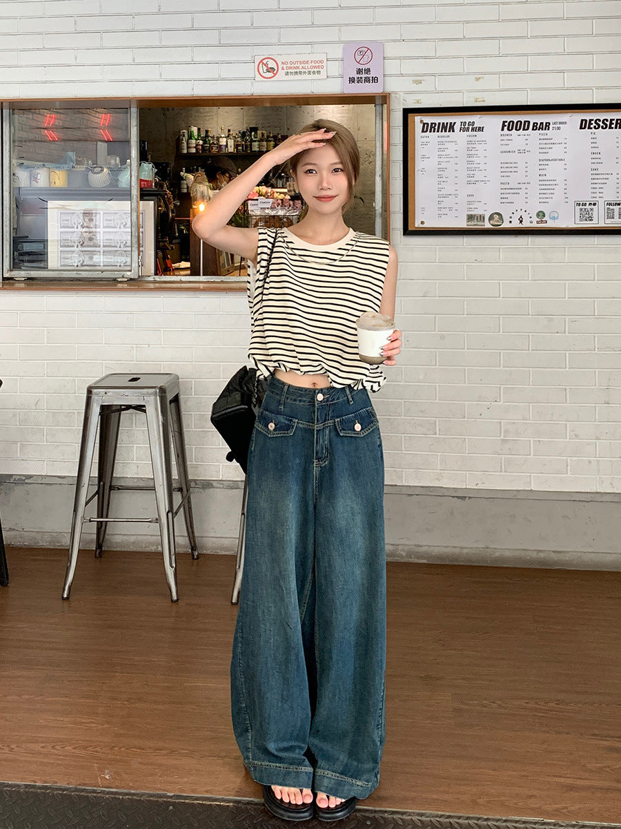 Pantalones vaqueros retro con bolsillos falsos y cintura alta para mujer