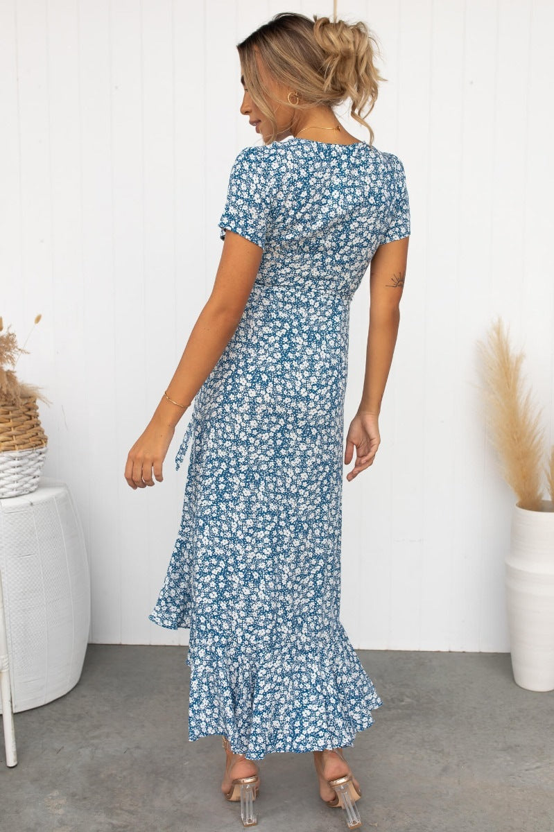 Vestido tipo cárdigan con cuello en V, manga corta y cordones, estampado de moda para mujer